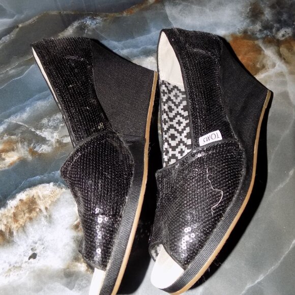 Toms Sequin Michelle Wedge Sandal Heels Black Heel Size 11 Women's - Picture 2 of 5